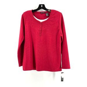 NWT Speculation Women's Red Long Sleeve Knit Embroidered Holiday Top Size Medium